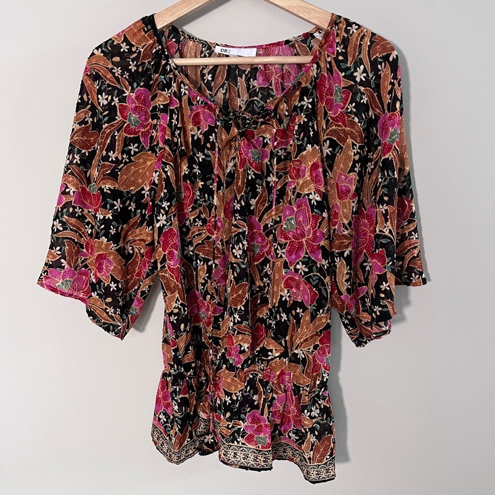 DR2 Black Floral Tie Neck Peasant Tunic Pink Brown Boho Blouse Relaxed‎ Fit